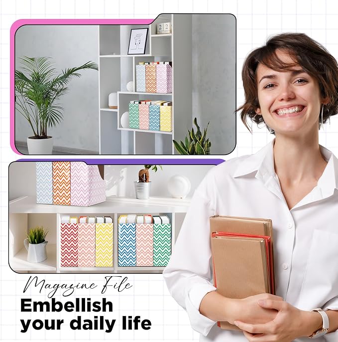 32 Pcs Magazine File Holder Set Including Colored Foldable Desk File Holder Organizer White Label Stickers Cat Pen Cardboard Magazine Storage Box for Document School Office(Solid,Striped) - Image 5