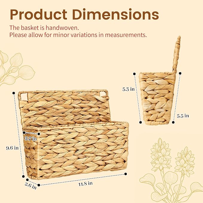 2PCS Woven Mail Holder Wall Mount Basket – Water Hyacinth Magazine Holder Wall Basket, Wicker Mail Organizer Wall Mount for Office, Books, Files, Letters & Entryway Decor, Hooks Included - Image 2