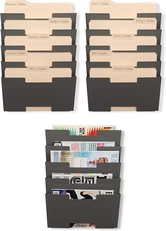 Wallniture Lisbon 15-Tier Wall Mounted File Holder and Desk Organizer, Metal Gray Office Organization and Storage Rack - Image 3