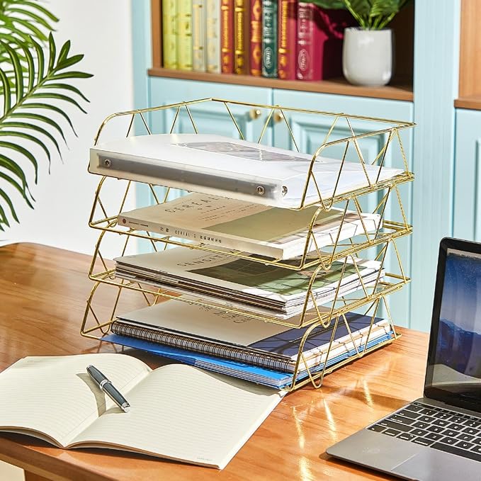 Yeaqee 4 Tier Stackable Gold Desk Organizer Paper Tray Rack Metal Letter Desk File Organizer Horizontal Holder File Trays for Office Desktop Supplies and Accessories - Image 4