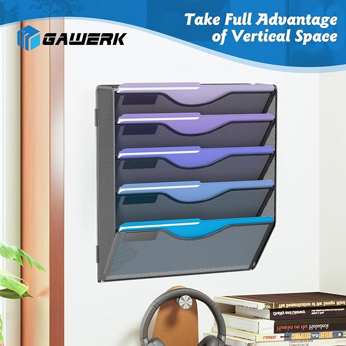 Gawerk 5 Tier Hanging Wall File Organizer, Mesh Mail Paper Orgnization Hanging File Folder Holder for Home Office, Black - Image 5