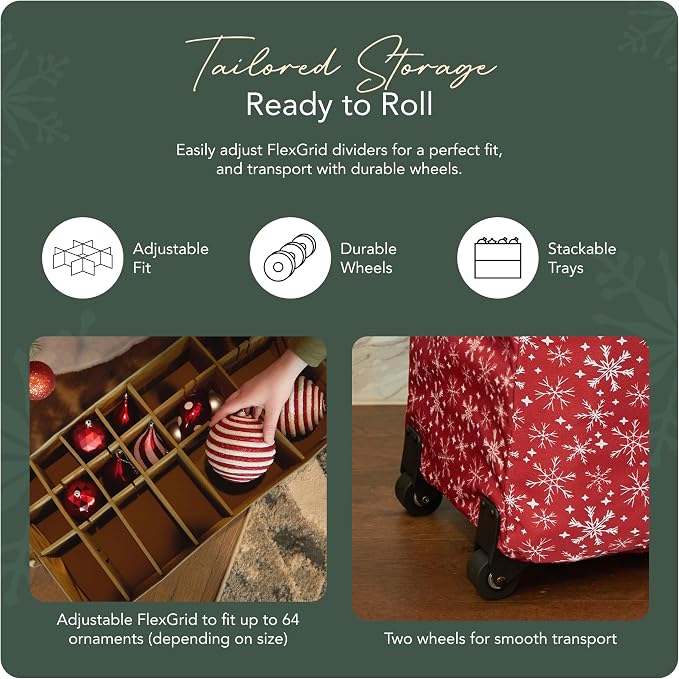 Covermates Keepsakes Rolling Adjustable Ornament Storage Bag – Heavy-Duty Polyester, FlexGrid Trays & Padded Dividers – Protective Holiday Organizer with Wheels, Handles & ID Window, Red Snowflake - Image 5