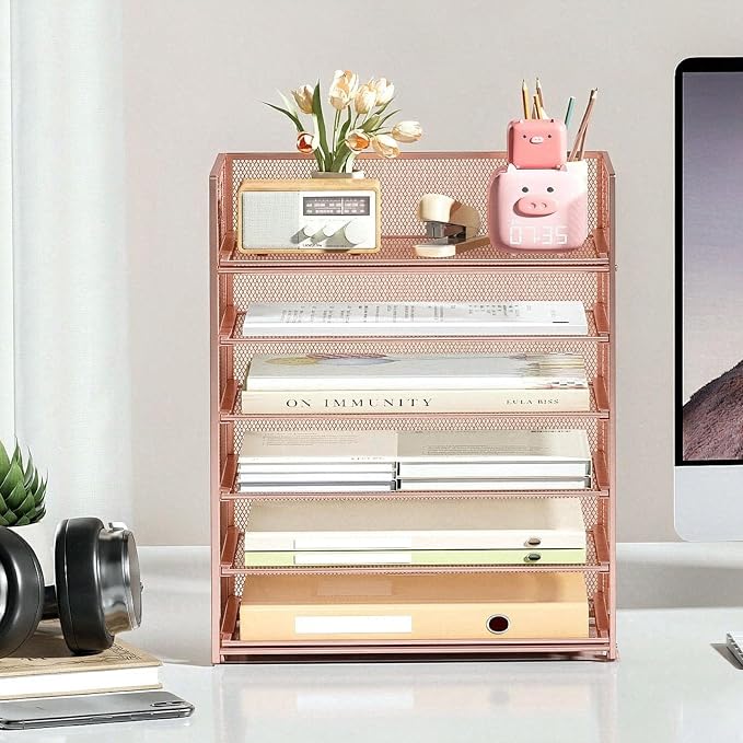 6 Trays Paper Organizer with Handle - Mesh Desk File/Letter Paper Sorter Organizer for Office, Home or School (Rose Gold) - Image 7