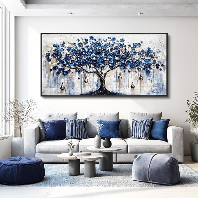 XIGUANGART Tree of Life Large Wall Art Modern Abstract Paintings Watercolor Blue Farmhouse Framed Artwork Tree & bell Canvas Prints Pictures Wall Decor for Living Room Bedroom Home Office Decoration