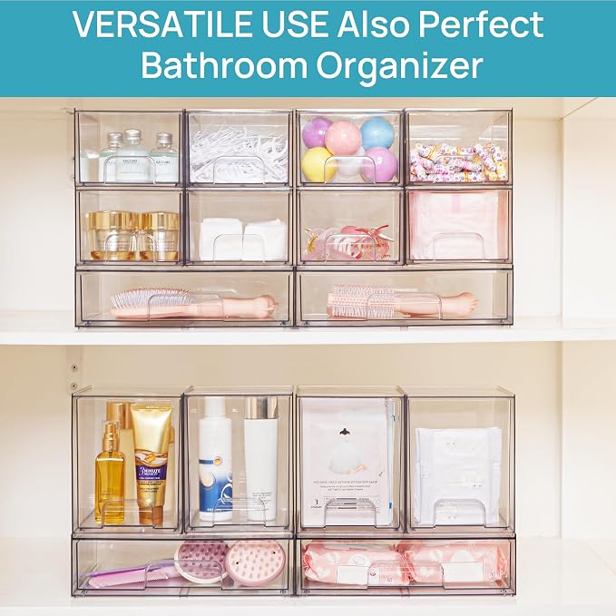 Vtopmart Clear Stackable Storage Drawers, 4 Pack Tall Plastic Organizers | Clear Pull-Out Drawers, Stackable Design for Skincare, Cosmetics, Beauty Supplies, Vanity, Bathroom, Cabinet and Countertop - Image 8