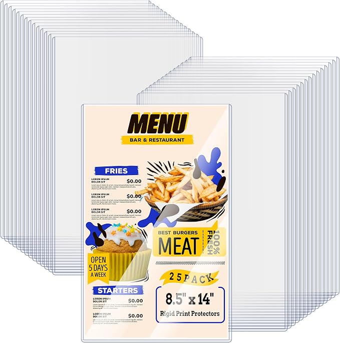 AKONEGE 25PCS Menu Covers 8.5" x 14" Rigid Print Protectors Clear Plastic Page Sheet Protectors for Legal Size Paper, Top Loading Hard Plastic Paper Sleeves for Poster Document Photo Birth Certificate by AKONEGE