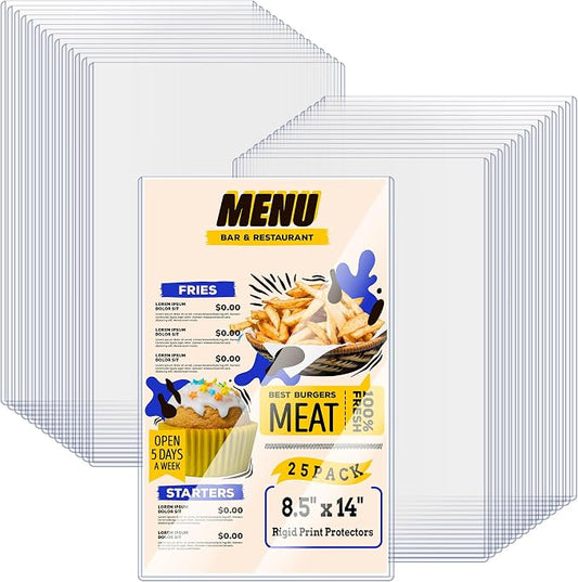 AKONEGE 25PCS Menu Covers 8.5" x 14" Rigid Print Protectors Clear Plastic Page Sheet Protectors for Legal Size Paper, Top Loading Hard Plastic Paper Sleeves for Poster Document Photo Birth Certificate by AKONEGE