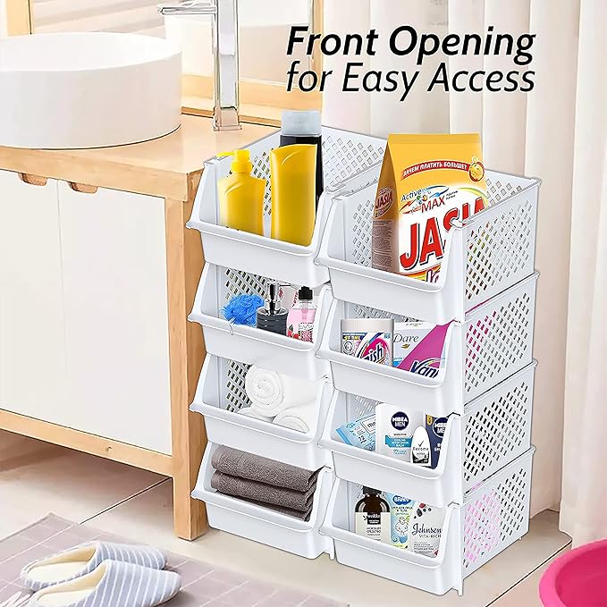 Skywin Stackable Storage Bins Open Front for Pantry Storage, 8 Pack - White | Sturdy Plastic, Easy Stacking, Open Front Access, Ventilated Sides, Vertical & Space Saving Pantry Organizers and Storage Bin - Image 6