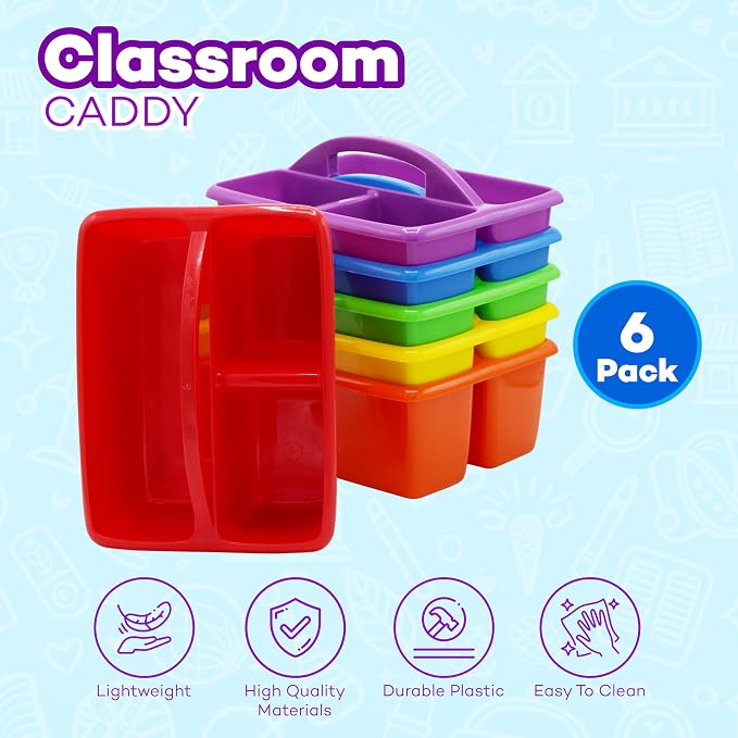 4E's Novelty Classroom Caddy Set of 6, Plastic Caddies for Supply, Caddy Organizer with Handle for Classroom, Rainbow Colors, Desk Caddies for Supplies Keep Desks and Work Stations Organized - Image 2