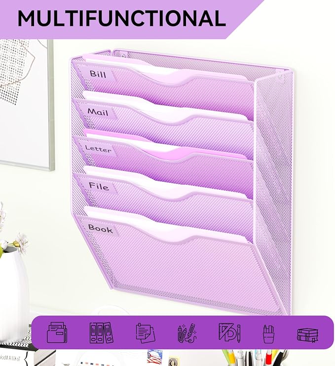 5 Pockets Hanging Wall File Organizer Mail Holder, Wall Mounted Paper Document Folder Holder, Clipboard Storage Organization Magazine Rack, Light Purple - Image 6