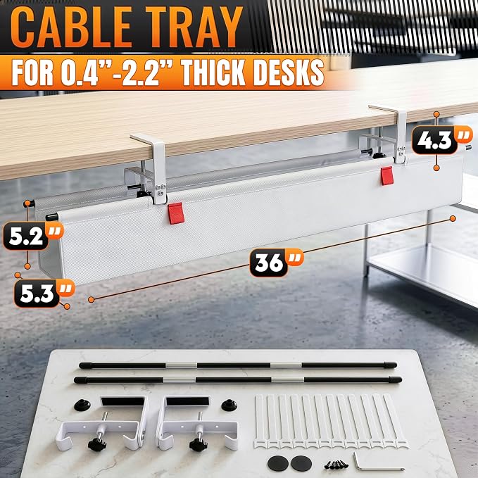 Under Desk Cable Management Tray 36" — No Drill Clamp-On Cord Organizer for Desk with Built-in Ties, Heavy Duty Metal Clamp, Foldable 600D Oxford Fabric for Home Office, WFH & Gaming PC Setup (White) - Image 2