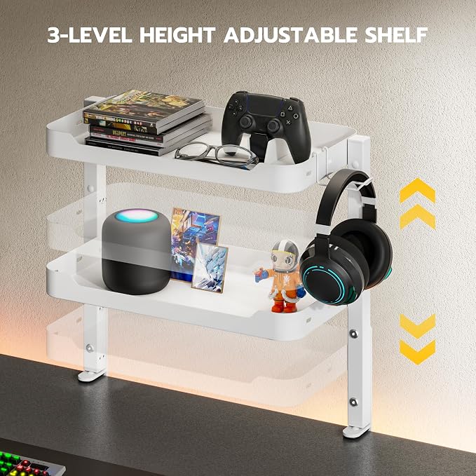 ARES WING 2-Tier 16 inch Clamp On Desk Shelf, Above or Under Desk Storage | Adjustable Desktop Organizer Shlef Holds 66 lbs Heavy Duty, with Headphone Holder for Working and Gaming Accessories, White - Image 7
