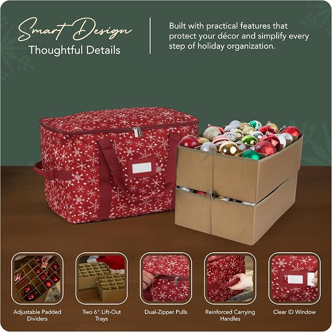 Covermates Keepsakes Adjustable Ornament Storage Bag – Heavy-Duty Polyester, Padded Dividers & FlexGrid Trays – Protective Holiday Ornament Organizer with Handles & Label Window, Red Snowflake - Image 4