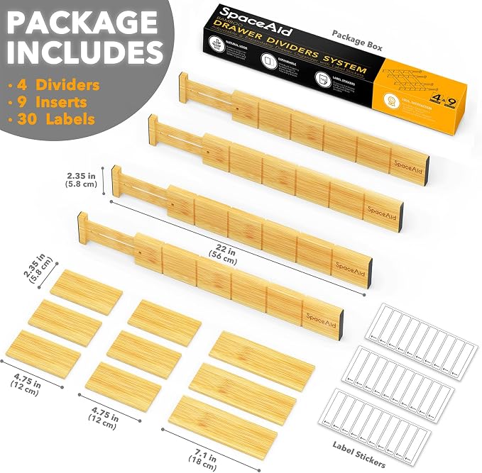 SpaceAid Bamboo Drawer Dividers with Inserts and Labels, Kitchen Adjustable Drawer Organizers, Expandable Organization for Home, Office, Dressers, 4 Dividers with 9 Inserts (17"-22" Natural) - Image 4
