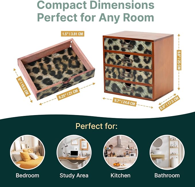 Classic Leopard Print Wooden Desk Organizer - 4-Drawer Desktop Storage - Rustic Wood Cabinet for Office Supplies, Craft Tools, & Home Organization - Luxurious Drawer Unit - Image 2