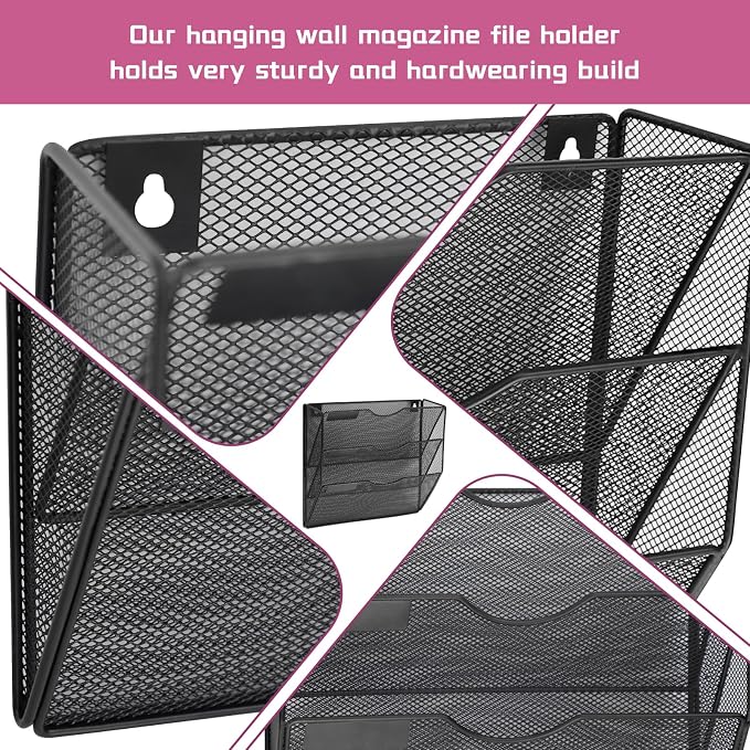 3 Pockets Mesh Wall File Holder Organizer Office Hanging File Folder Magazine Rack, Nametag Label Hooks Set Included (Black) - Image 3
