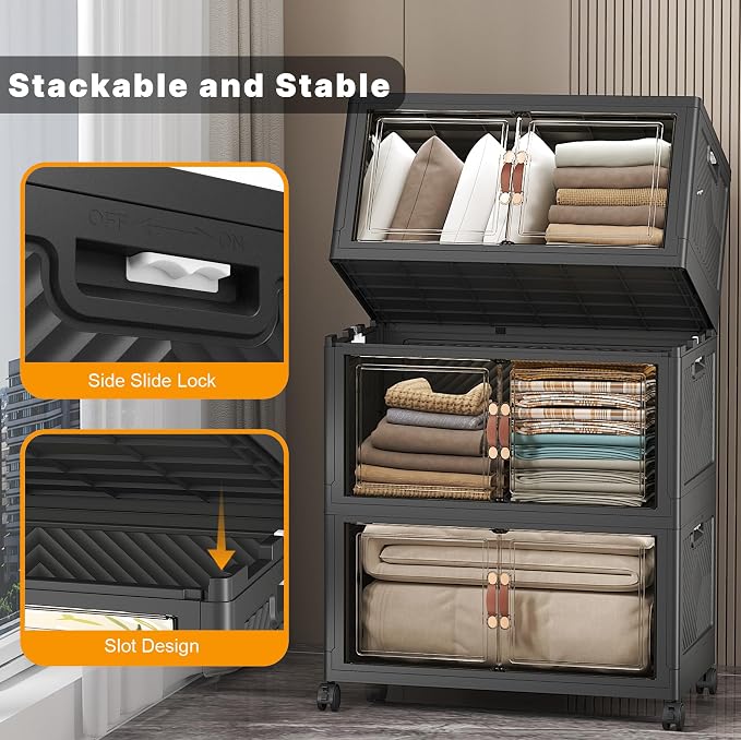 Stackable Storage Bins, 896QT Collapsible Drawers with 2 Lids | Large Capacity, Magnetic Door, Stack Lock, Rolling Wheels, Foldable Design, Organizers and Storage for Bedroom Dorm Garage - Image 6