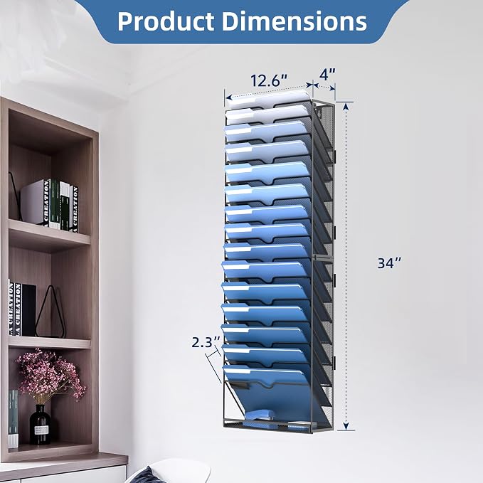 DALTACK Wall File Holder 16 Tier Hanging Wall File Organizer, for Papers Mails Folders Clipboard Magazine Organization for Office Home School Classroom, Mesh Metal, Assembly Needed, Black - Image 3