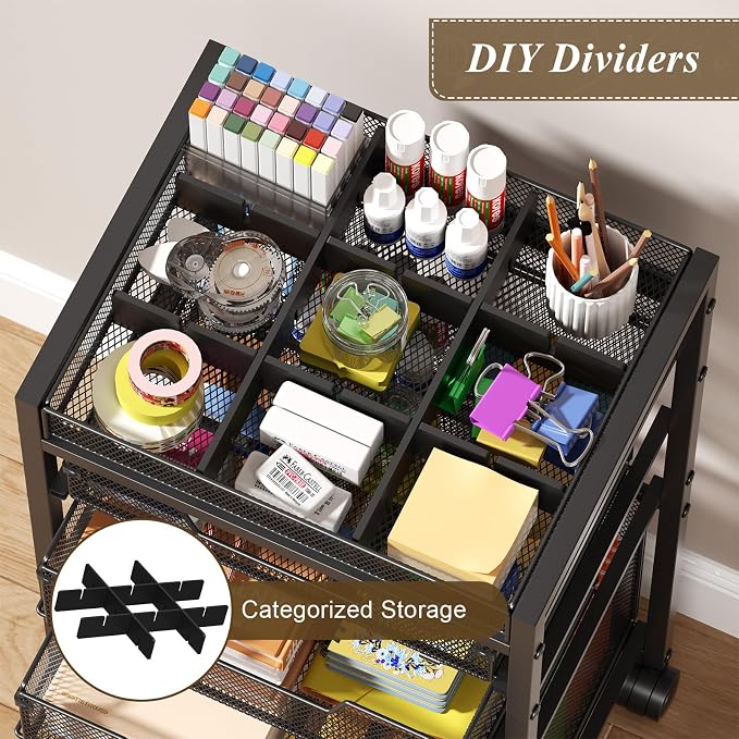 Rolling File Cart with 4 Storage Drawers, Under Desk Organizer with DIY Divider, Moblie Filing Cabinet on Wheels, Fits A4/Letter Size, Metal Utility Cart for Home Office, Black - Image 6