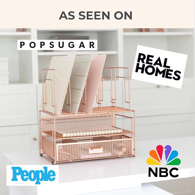 BLU MONACO | Rose Gold Desk Organizer with Drawer | Metal Desk Organizer with File Sorters and Storage Compartments | Office Desk Organizer for Paper Folders and Supplies - Image 4