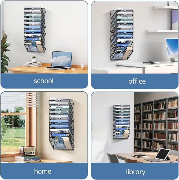 10-Tier Wall File Organizer and Hanging File Organizer, Black, 2Pack | Wall Organizer and Wall Mounted File Holder with 10 Pockets and Label Panels for Files, Mail, Folders, Magazines and Paper - Image 3