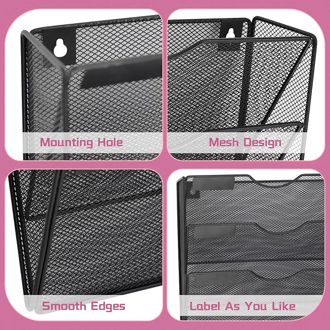 8 Pockets Mesh Wall File Holder Organizer Office Hanging File Folder Magazine Rack, Nametag Label Hooks Set Included (Black) - Image 3