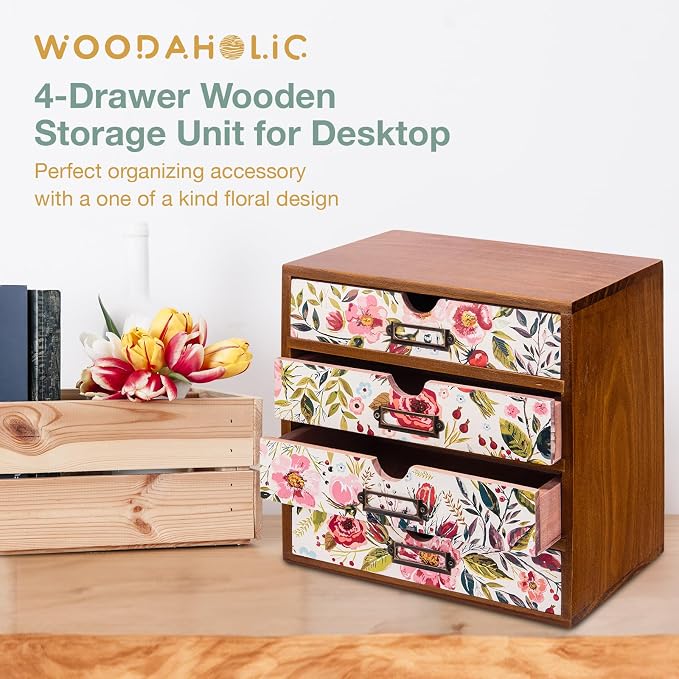 4-Drawer Vintage Desk Wood Storage Box With Drawers in Floral Chintz - Wooden Table Organizer I End Clutter & Dullness, Personalize Your Workspace - Beautiful Flower Design for Office & Home - Image 5