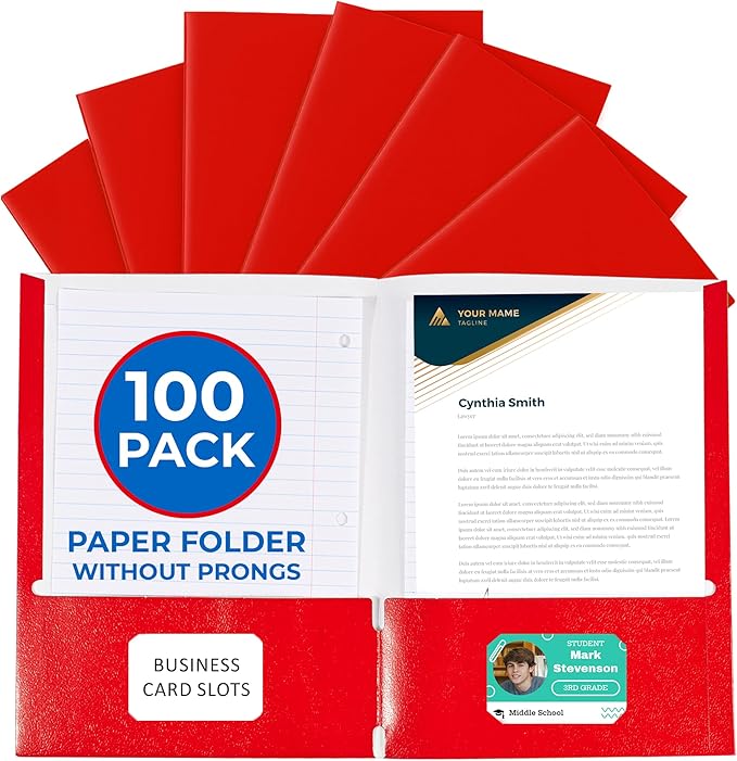 100 Pack Red 2 Pocket Paper Folders. EPI Heavy Duty, Bulk Folders with Pockets and Business Card Slots. Colored Letter Size Document Organizers. Durable Portfolio for School, College, Office Files by EPI