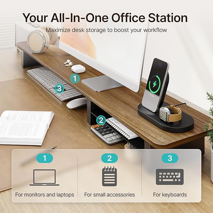 46" Dual Monitor Riser, Metal Shelf Wooden Desk Organizer | Walnut Wooden Desk Shelf for 2 Monitors/TV,Monitor Stand Riser for Desk, Wood Monitor Stand Organizer for Home Office - Image 4
