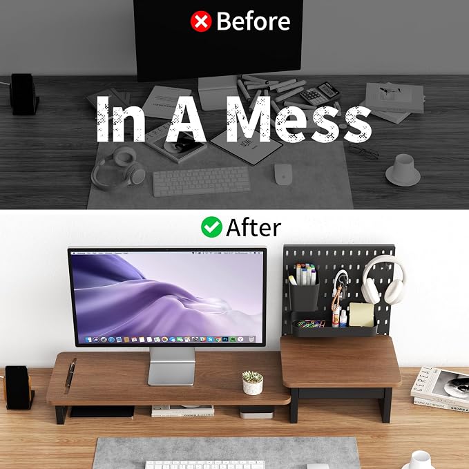 AFOOYO Monitor Stand Riser,Computer Monitor Stand with DIY Pegboard and drawer for Laptop,PC,Computer,Printer,Walnut Finish - Image 5