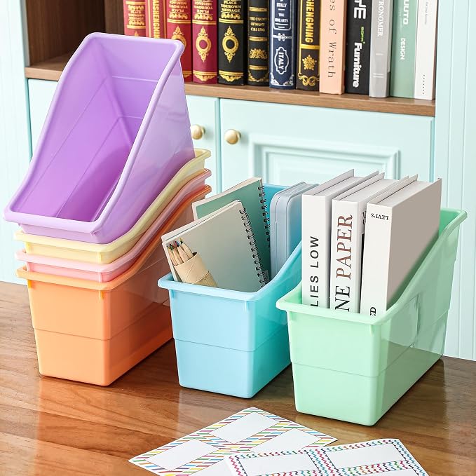 Blosssound 12 Set Book Bins for Classroom with Label Sticker Book Box Baskets Plastic Stackable Organizing Bins Storage & Organization for Classroom Library Home School Supplies (Pastel) - Image 4
