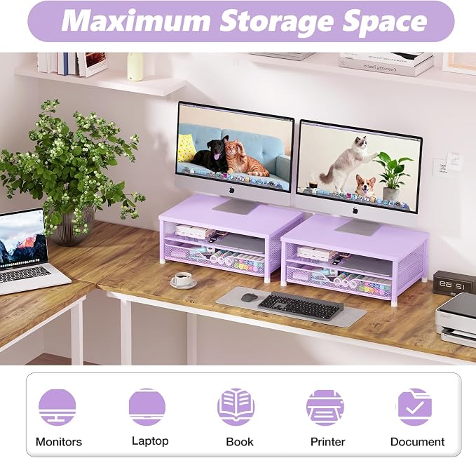 Computer Monitor Stand Riser, Desk Organizer with Drawer, Printer & Laptop Stand, Office Desk Accessories & Workspace Desktop Organizers Storage for Office Supplies(Purple) - Image 6