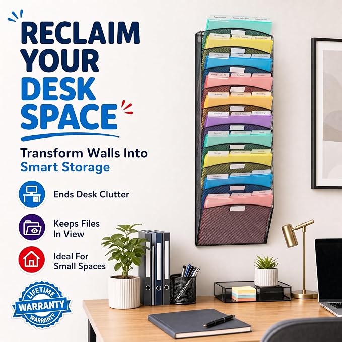 Ultimate Office Mesh Hanging Wall File Organizer, 10 Tier + 18 PocketFiles | Vertical mount hanging file sorter and display rack; includes 18 3rd-cut PocketFile clear document folders - Image 2
