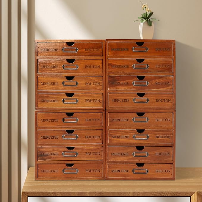 4Pcs Multi Drawer Storage Organizer with 16 Drawers, Vintage Wooden Desk Organizer Craft Storage Drawers Stackable Desktop Organizing Cabinet, No Assembly Required - Image 2