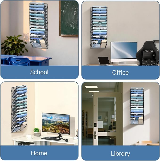 14-Tier Wall File Organizer and Hanging File Organizer, Black | Wall Organizer and Wall Mounted File Holder with 14 Pockets and Label Panels for Files, Mail, Folders, Magazines and Paper - Image 3