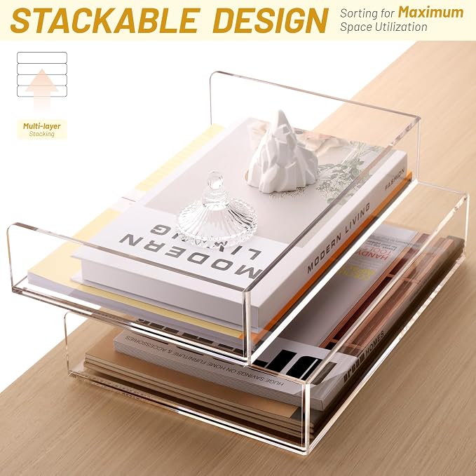 SANRUI Acrylic Desk Organizer Stackable Paper Tray, Letter Size Tray 2-Pack | Desk Organizers and Accessories, Clear Paper Organizer for Office Classroom Home 12.4 x 8.86 x 5.3 inches - Image 4