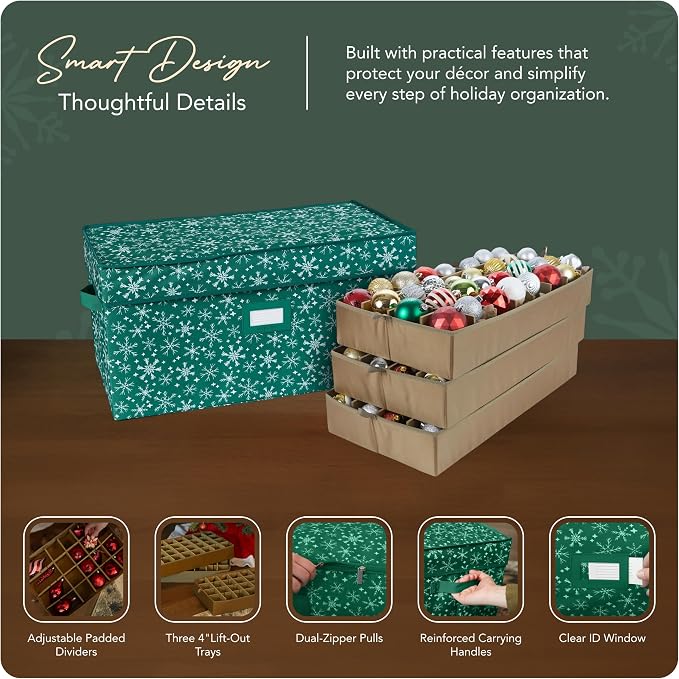 Covermates Keepsakes Adjustable Ornament Storage Box – Heavy-Duty Polyester, Padded Dividers & FlexGrid Trays – Protective Holiday Organizer with Stackable Walls & Label Window, Green Snowflake - Image 4