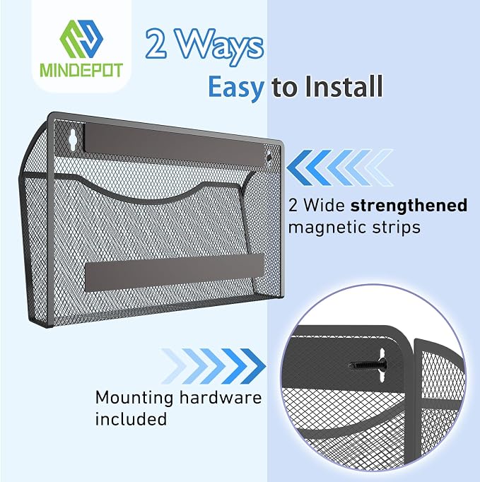MINDEPOT Magnetic Wall File Organizer, Hanging File Holder, 2 Pack, Black | Heavy Duty Iron, Powerful Magnet, Metal Mesh Wall Mount, Single Pocket, for Office School Classroom Home, Letter A4 Size - Image 4
