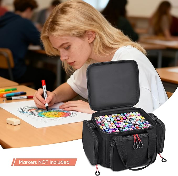 Large Marker Organizer Case for 200-300 Markers, Art Marker Storage Bag with Removable Dividers & 4 Pockets for Paint Markers, Shoulder Strap, Pencil Alcohol Marker Holder - Image 6