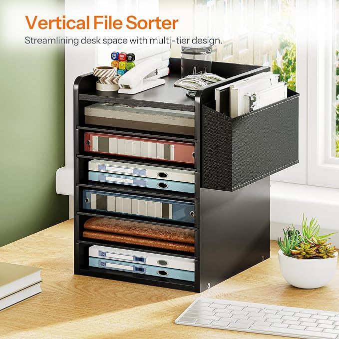 HOOBRO Adjustable Countertop Mail Sorter, 6 Tier Wooden Paper Organizer, Vertical Literature Organizer with Side Storage, Office Mailbox Cubbies, Classroom Mailbox, for Home, Office, Black BB34WF01 - Image 3