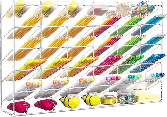 BEYGORM Acrylic Vertical Marker Organizer for 375 Markers, Desk Orgaizer | 31 Compartments Clear Angled Pen & Pencil Holder, Large Stationery & Art Supply Storage for School (17.9x 12.4 x 4 Inch) by BEYGORM
