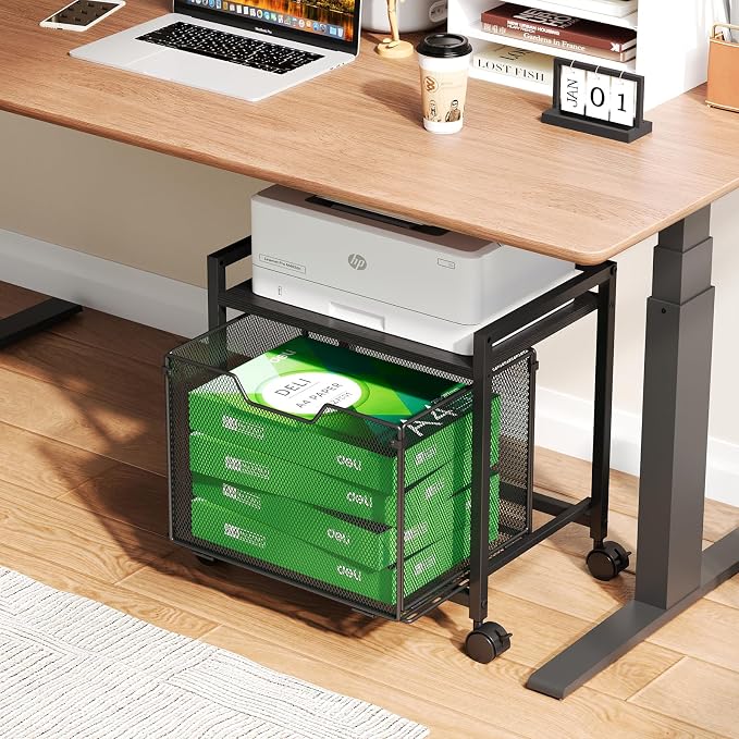 JKsmart Under Desk Storage, Printer Stand with Drawer, Rolling File Cabinet with Adjustable Table Top, 2 Tier Industrial Shelf on Fixed Feet Wheels, Sofa Side Table Organizer for Home, Office, Black by JKsmart