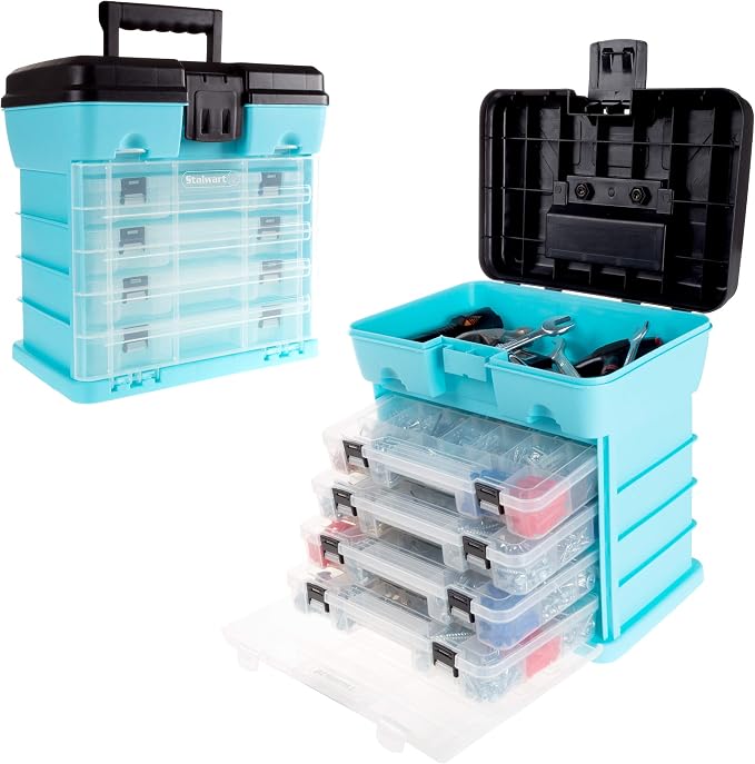 Small Parts Organizer Box - 10-Inch Portable Storage Case with 4 Removable Multi-Compartment Trays for Screws, Beads, Small Fishing Tackle, Hardware, and Craft Supplies by Stalwart (Light Blue) by Stalwart