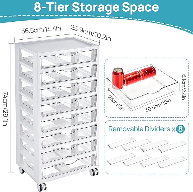 Vtopmart 8 Tier Rolling Cart with Drawers, Clear Plastic | Removable Dividers, Visible Storage, Sturdy Design, For Building Blocks, Toys, Art, Office & Craft Supplies - Image 3