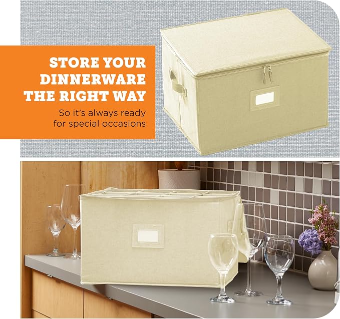 Wine Glass Storage Case | Hard Shell Felt Dividers | Cream | Hard Shell Case Holds 12 Wine Glasses In 4x4 Felt Compartments. Stackable, Top-Load, Label Tag. Cream Linen Finish. - Image 2