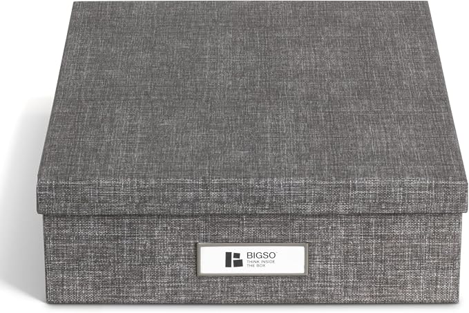 Bigso Oskar Canvas Fiberboard Document Letter Box for Important Paperwork A4 or Letter Size - Durable Keepsake Box with Lid and Metal Label Holder - 3.3in x 10.2in x 13.8in - Melange Grey - Image 2
