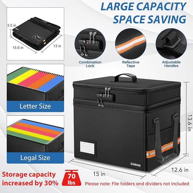 Fireproof Document Box with 13 Pocket Accordian File Folder | Water-Resistant File Organizer Box with Lock, Collapsible File Storage Cabinet for Hanging Letter/Legal Folder, Black - Image 3