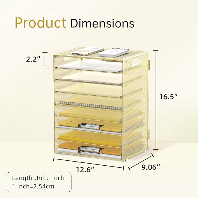 9-Tier Paper Organizer for Desk, Metal Mesh Letter Tray with Handles, Gold | Desk File Organizer with Removable Trays for Sorting Files, Folders, Mail and Printer Paper at Home, School or Office - Image 4