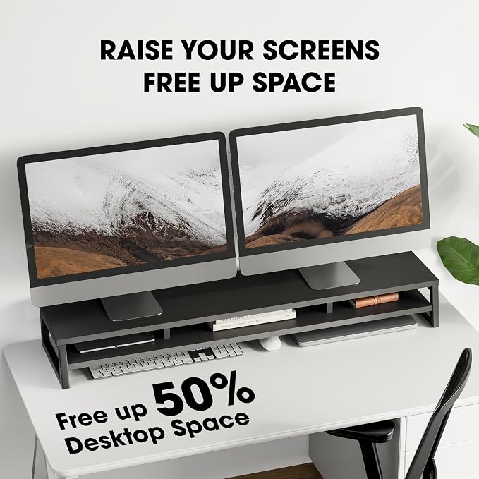 Fenge Dual Monitor Riser for Desk, Open Shelf with 3 Storage Compartments | 42.5in Computer Monitor Stand, 2-Tier Desk Shelf for Top of Desk,One-Piece Panel, fit Ultrawide Monitor, PC, Laptop, Black - Image 5