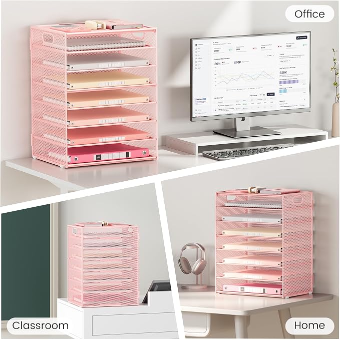 Lavatino 2 Pack 8-Tier Office Desk File Organizer, Letter Tray Paper Organizer with Handle, Including 5 Adjustable Slide Trays for Organizing Desk Workspace Accessories and Supplies (Pink Mesh) - Image 5